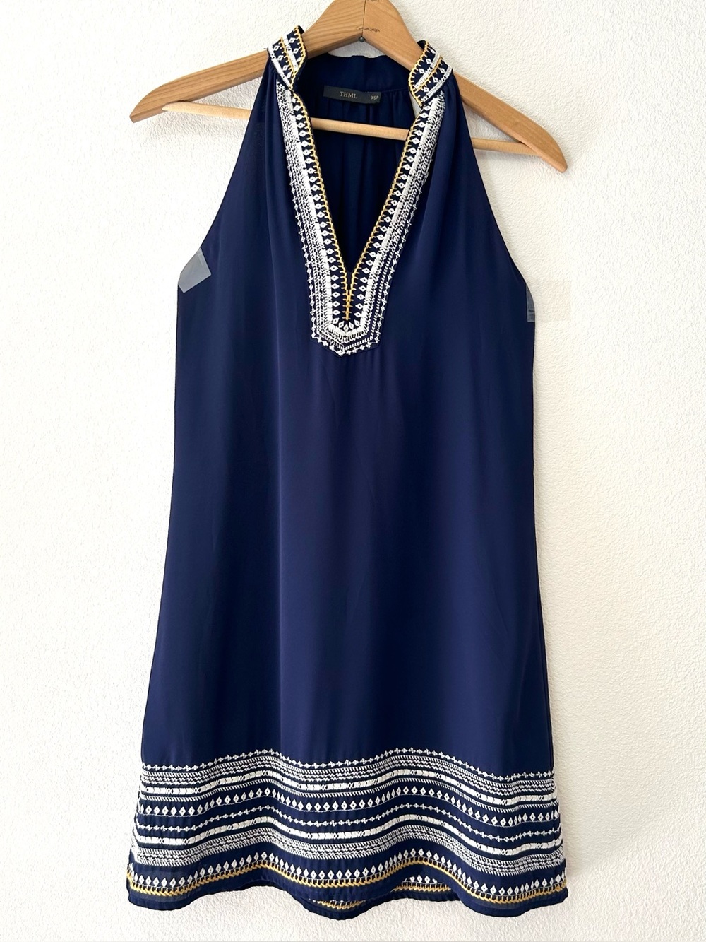 THML Navy Embroidered Halter Summer Dress Boho Coastal Preppy Resortwear XSP
